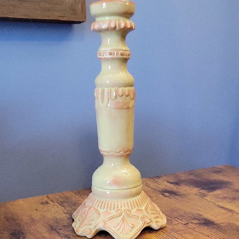 Ornate Candle Holder Accent Ceramic Pale Green Rose Pink